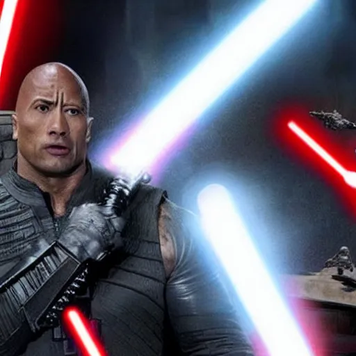 Prompt: an army of dwayne johnson facing darth vador, realistic, star wars