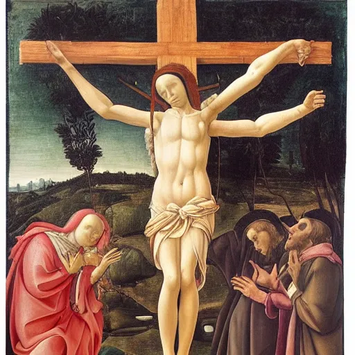 Prompt: a detailed renaissance painting of a woman being crucified on a cross like Christ in the style of Botticelli