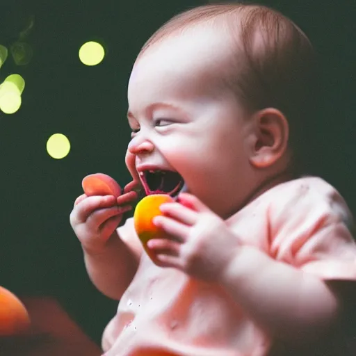 Image similar to photo of an insane baby laughing and eating a peach, bokeh focus