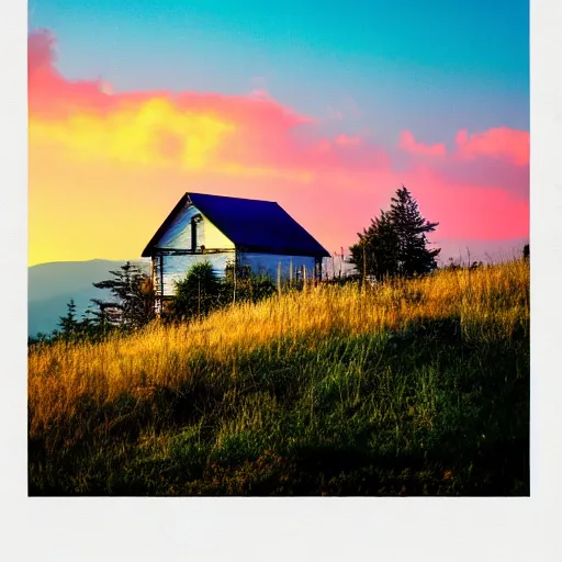 Image similar to minimalistic house on a tall mountain during the sunset, bright colors, soft colors, washed out colors, devianart, 8k,