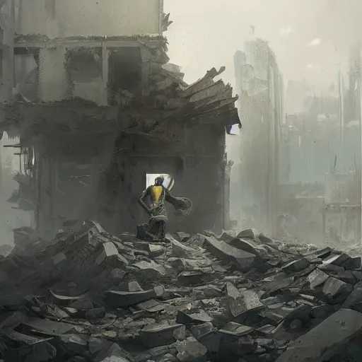 Image similar to a monk standing in the rubble of a smoking building, 8k, sharp high quality artwork in style of Jose Daniel Cabrera Pena and Greg Rutkowski, concept art by Tooth Wu, blizzard warcraft artwork