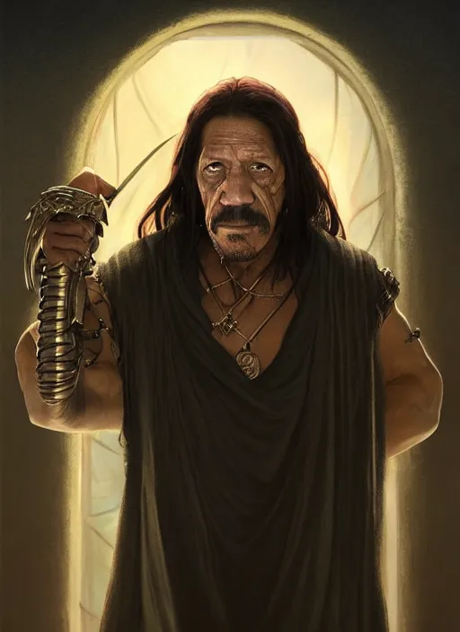 Image similar to Portrait of Danny Trejo, cloak, male, fantasy, extremely detailed, digital painting, artstation, concept art, smooth, sharp focus, illustration, stunning lighting, art by artgerm and greg rutkowski and alphonse mucha and simon stalenhag, realistic character concept, high fantasy, dark atmosphere, golden ratio, cinematic lighting, hyperdetailed, high resolution, insanely detailed and intricate, artstation, Marc Simonetti, Greg Rutkowski, 8k