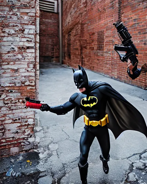 Image similar to happy batman firing super soaker water gun in an alleyway, everyone having fun, toy product advertisement, photography