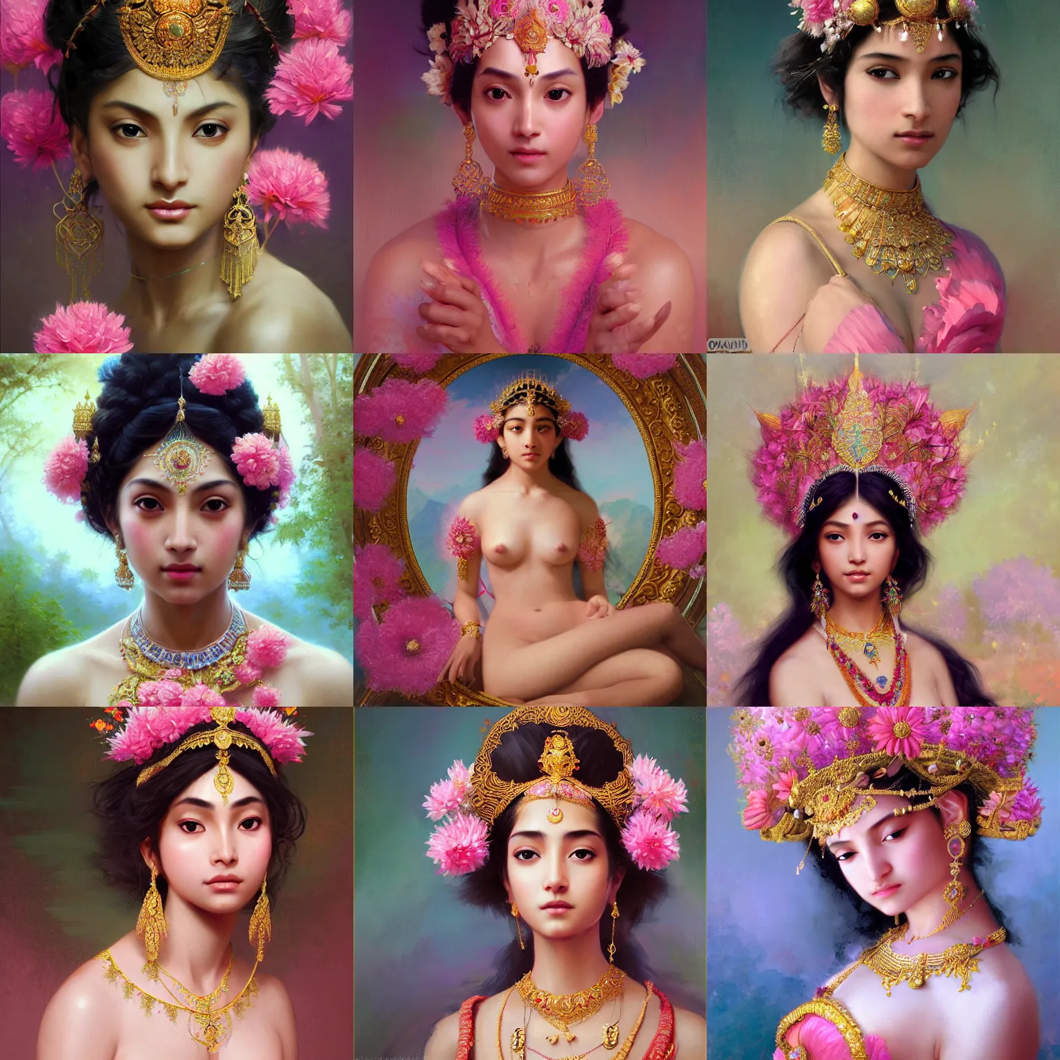 Prompt: expressive oil painting, of indian princess, smooth glowing skin, ornate headpiece made from pink flowers, glamour shot, by yoshitaka amano, by bouguereau, by greg rutkowski, by jeremyg lipkinng, by artgerm, digital art, octane render