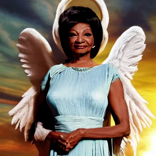 Prompt: nichelle nichols as a heavenly angel in cloud heaven meeting with god photorealistic fantasy epic