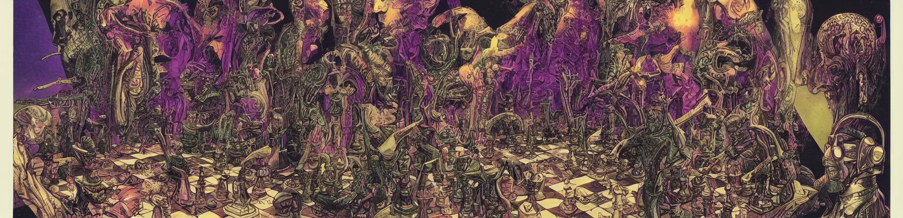 Prompt: chess set, taro deck card king and psychedelic grainshading print by moebius, richard corben, wayne barlowe, cyberpunk comic cover art, psychedelic triangular skeleton, very intricate, thick outline, full body, symmetrical face, long black crown, in a shapes background, galactic dark colors