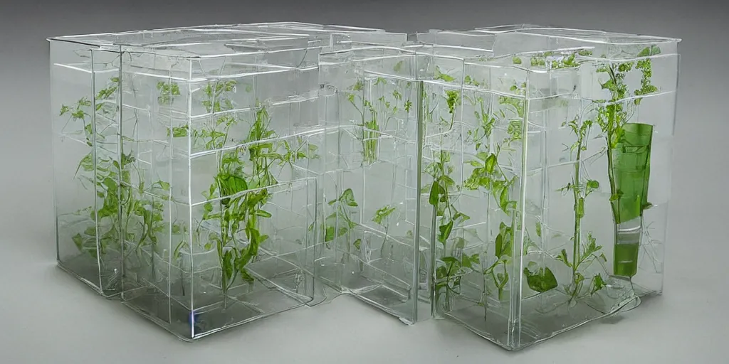 Prompt: a tall box of glass with bioremediation plants inside, tarkovsky scene