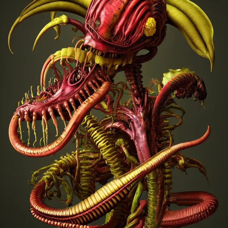 Image similar to still life of alien xenomorph, beautiful tropical flowers, human spine, colorful mold, baroque painting, beautiful detailed intricate insanely detailed octane render, 8K artistic photography, photorealistic, chiaroscuro, Raphael, Caravaggio
