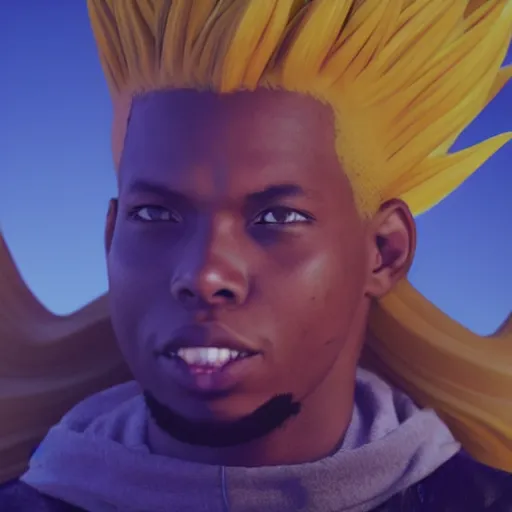 Image similar to denzel curry with yellow super saiyan hair, glowing aura, rendered in unreal engine 5, volumetric lighting, shading, cinematic shot