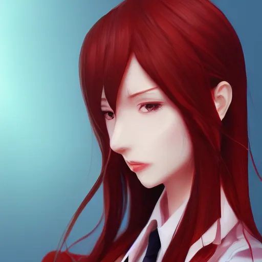 Image similar to kurisu makise, elegant, ultra highly detailed, digital painting, smooth, sharp focus, artstation, top-down shot, red background, art by Ina Wong