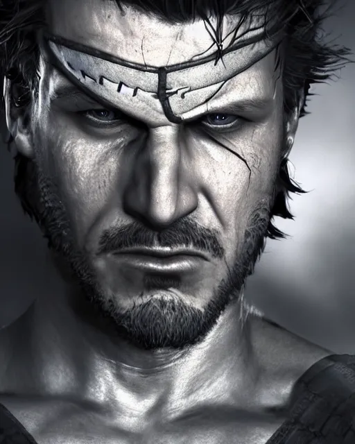 Image similar to solid snake portrait, cinematic lighting, anguished crying screaming yelling, mouth open, black atmospheric background, 4 k photography hdr