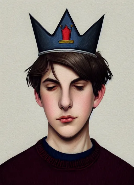 Image similar to portrait of teenage jughead jones wearing a light grey crown, photorealistic, crown, eyes closed, crown, black hair, sweater with letter s on it, letter s, intricate, elegant, glowing lights, highly detailed, digital painting, artstation, concept art, smooth, sharp focus, illustration, art by wlop, mars ravelo and greg rutkowski