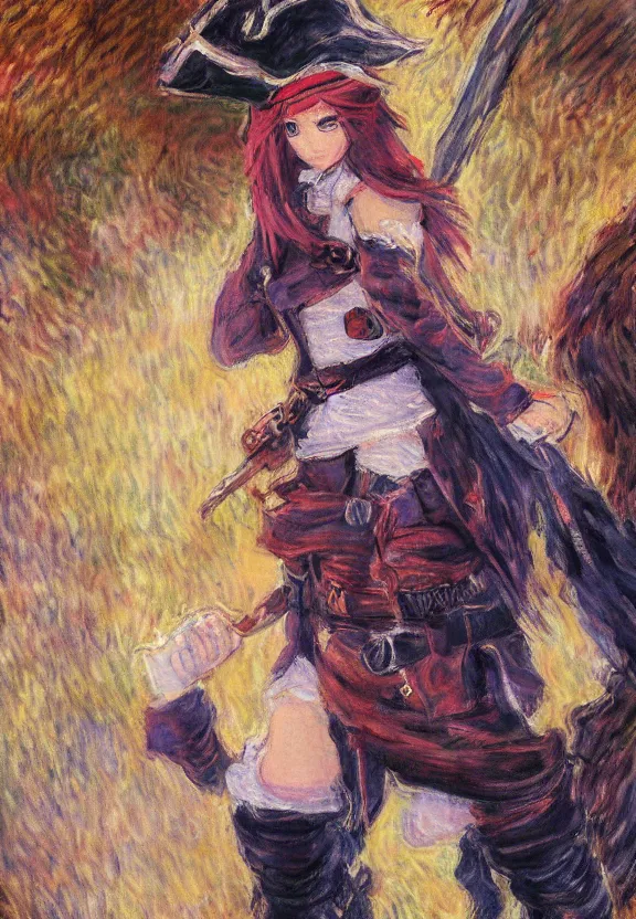 Image similar to wide angle painting of a female pirate, a thrifty uniform, somewhat of an anime in impressionist style, trending artwork, illustrated in anime painter studio, by claude monet and an anime artist, collaboration