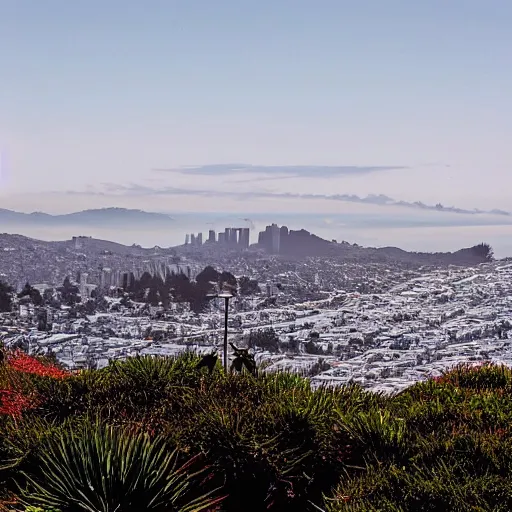 Image similar to “happy photo of twin peaks in San Francisco on a clear sunny day, surrounded by hearts in the sky”