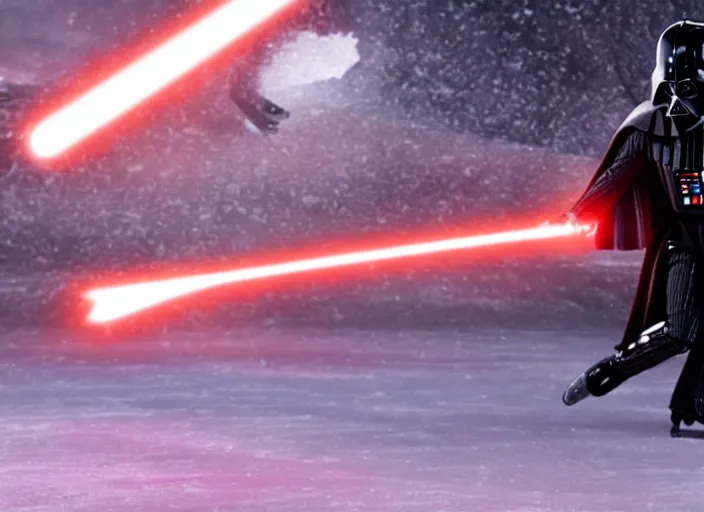 Image similar to film still of Darth Vader goes ice skating in the new Star Wars movie, 4k