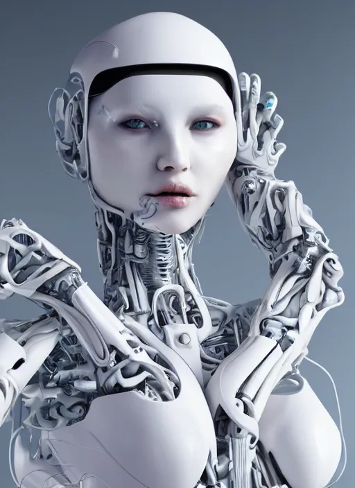 Image similar to a white cast futuristic biomechanical humanoid woman with prety face, a most beautifull form of chaos by a brutalist designed, cyberpunk, 8 k,