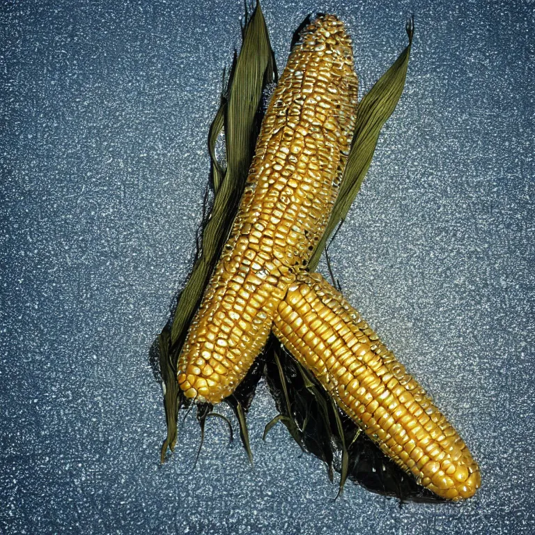 Image similar to a metal reflective chrome corn on the cob, film photo, soft lighting album cover, nostalgia, gradient, light reflection