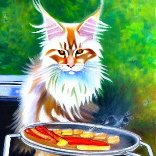 Image similar to beautiful impressionist painting of an ginger maine coon with a white beard cooking a bbq outside