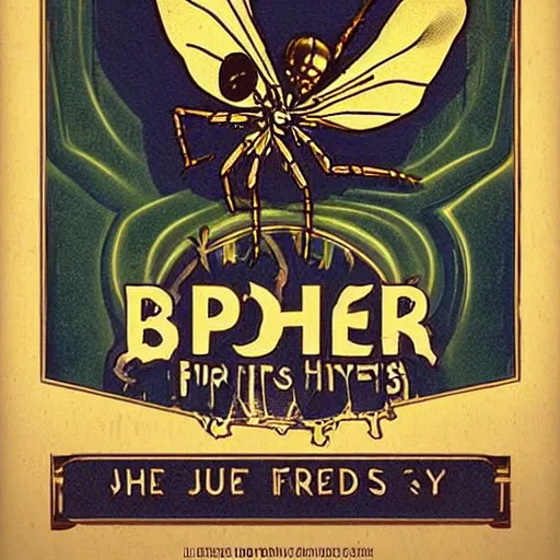 Prompt: so where were the spiders while the fly tried to break our bones with just the beer light to guide us so we bitched about his fans and should we crush his sweet hands, inspired by art nouveau rock posters