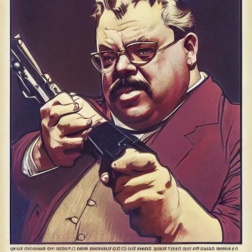 Image similar to gk chesterton as a hero with muscles and a shotgun. portrait by james gurney and craig mullins and alphonso mucha. realistic face. expressive face.