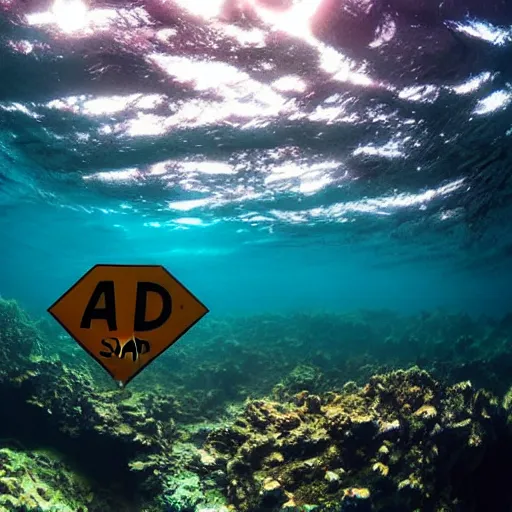 Prompt: underwater photo of Scottish seas with a for sale sign