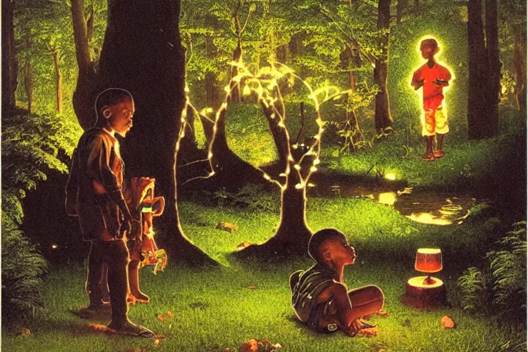 Image similar to a scenic view of a black boy talking to a phatom in the middle of a magical forest with glow-worm lights near a lake, detailed, cinematic, dramatic scene, retro illustration by Norman Rockwell.