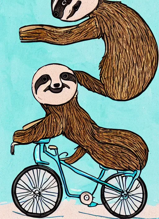 Image similar to drawing of a sloth urban outfitters style riding a bike going to the beach