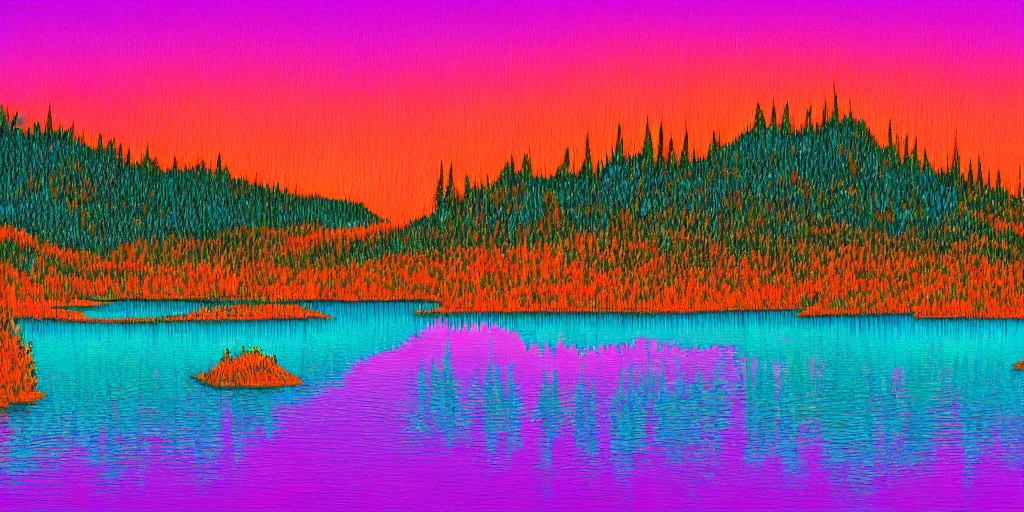 Image similar to beautiful award winning synthwave painting of a canadian lake, extreme detail, digital art, 4 k, ultra hd