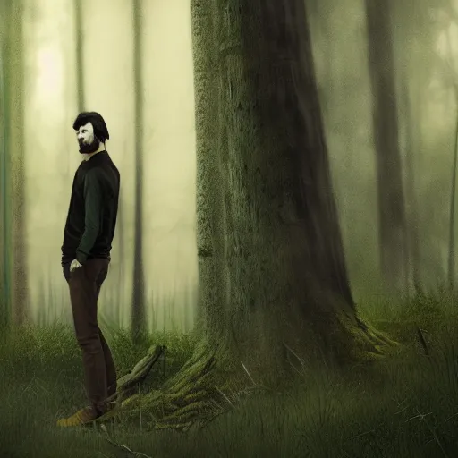 Image similar to a long, dark haired man, 2 8 years old, five o'clock shadow casually dressed, cinematic, gloomy forest background, realistic, digital art, character art, 8 k