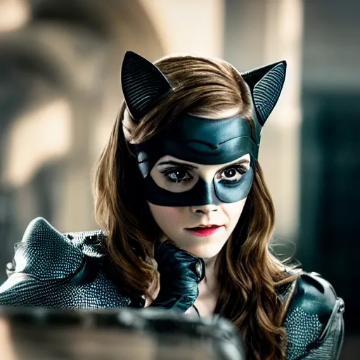 Prompt: Emma Watson as Catwoman, XF IQ4, f/1.4, ISO 200, 1/160s, UHD, Sense of Depth, AI enhanced, HDR, in-frame