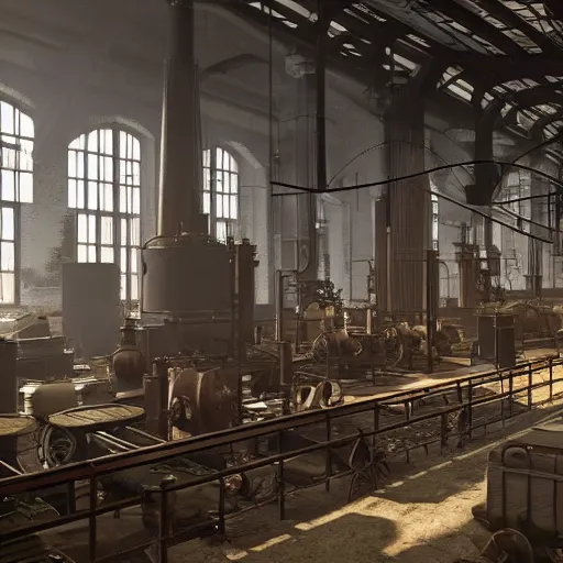 Image similar to factories of the industrial revolution in europe, highly detailed, photorealistic shot, bright studio setting, studio lighting, crisp quality and light reflections, unreal engine 5 quality render