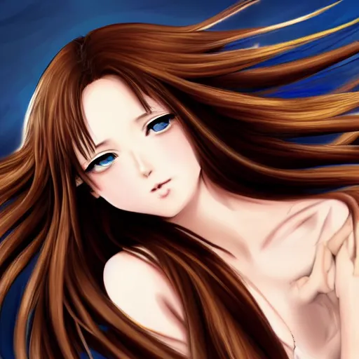 Image similar to advanced digital anime art, a girl with long,straight brown hair decorated with a flashy hair band adorning her perfectly proportioned face, pale skin and brown eyes.