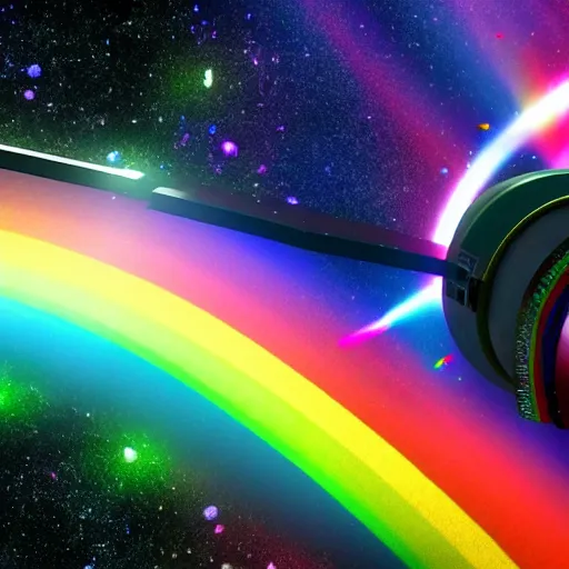 Image similar to astronaut shooting beautiful rainbow space lasers | 4 k cinematic artstation trending by james gurneyastronaut shooting beautiful rainbow space lasers | 4 k cinematic artstation trending by james gurney