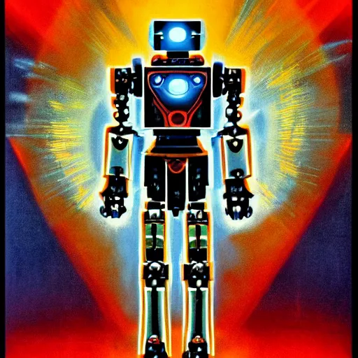 Image similar to portrait of a tribal mecha robot, symmetrical, movie poster art by drew struzan,