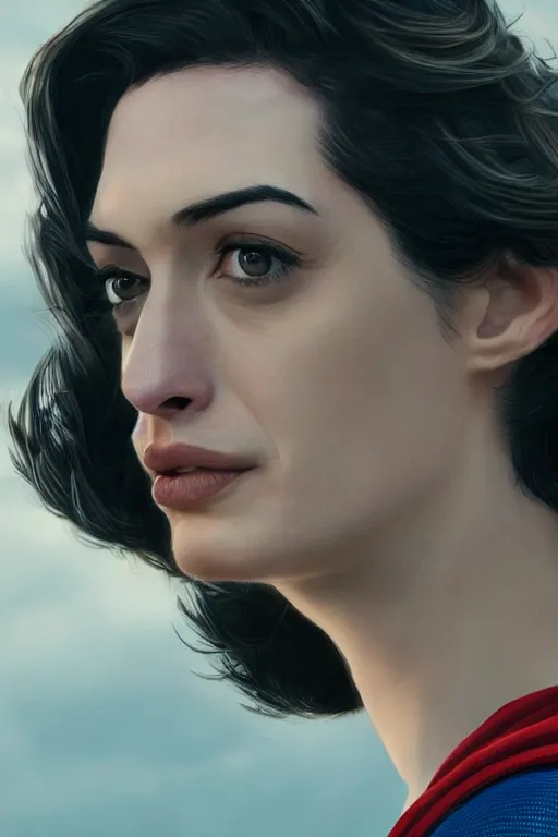 Image similar to a fancy close up of Man of Steel cast as Anne Hathaway by Greg Rutkowski, Sung Choi, Mitchell Mohrhauser, Maciej Kuciara, Johnson Ting, Maxim Verehin, Peter Konig, 8k photorealistic, cinematic lighting, HD, high details, dramatic, trending on artstation, full body shot