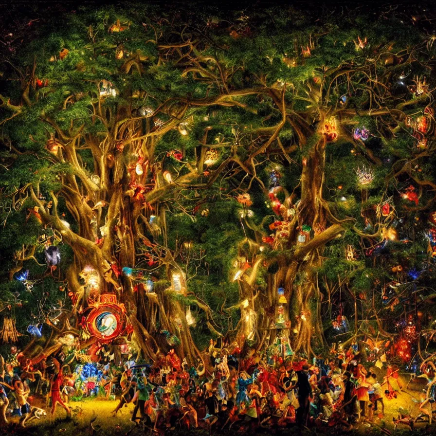 Image similar to closeup of a night carnival inside a tree cavity in a magical forest in the middle of a summer storm, with a music scenario with many fireworks and christmas lights, volumetric lightning, instense god rays in the sky, folklore people disguised with fantastic creatures in a magical forest by summer night, masterpiece painted by norman rockwell, very coherent and colorful high contrast masterpiece,