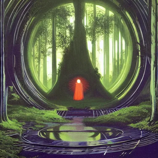 Image similar to portal in a middle of a lush futuristic forest, alien world seen through a portal, person in a cloak standing in front of a portal, syd mead, john harris