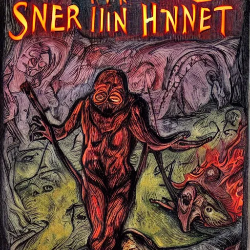 Image similar to sinners in hell read a book, scary art in color