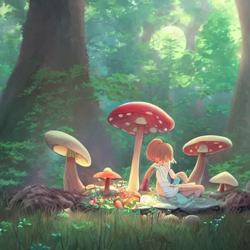 Image similar to a cute picnic in a mushroom forest. soft lighting, cgsociety masterpiece, artstation trending, studio ghibli, 4k, digital art, concept art