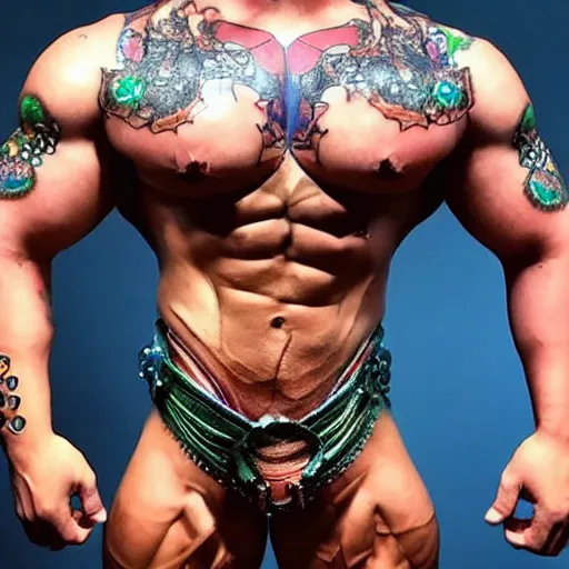 Prompt: bodybuilder with a full body tattoo of a 3 d hole in the skin with a shiny multicolored metallic gears and tubes robotic mechanics inside under the skin, insanely integrate,