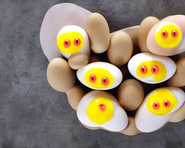 Image similar to eggs with happy faces on them. they have arms and legs made of twigs. yolk is pouring out of their snout. they had a hearty laugh. boogers are coming out of their noise.