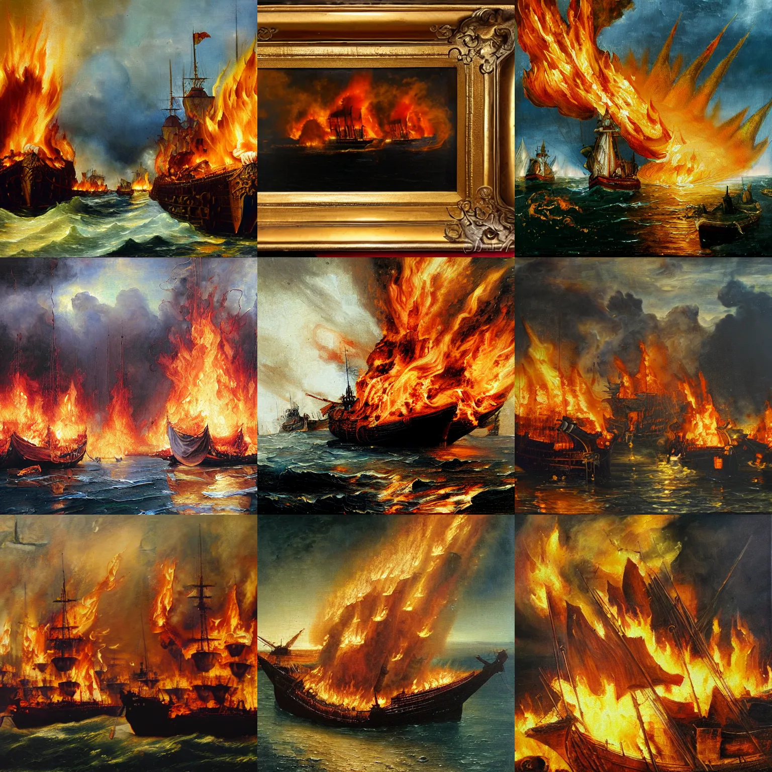 Prompt: the Spanish armada in flames, oil painting, museum quality