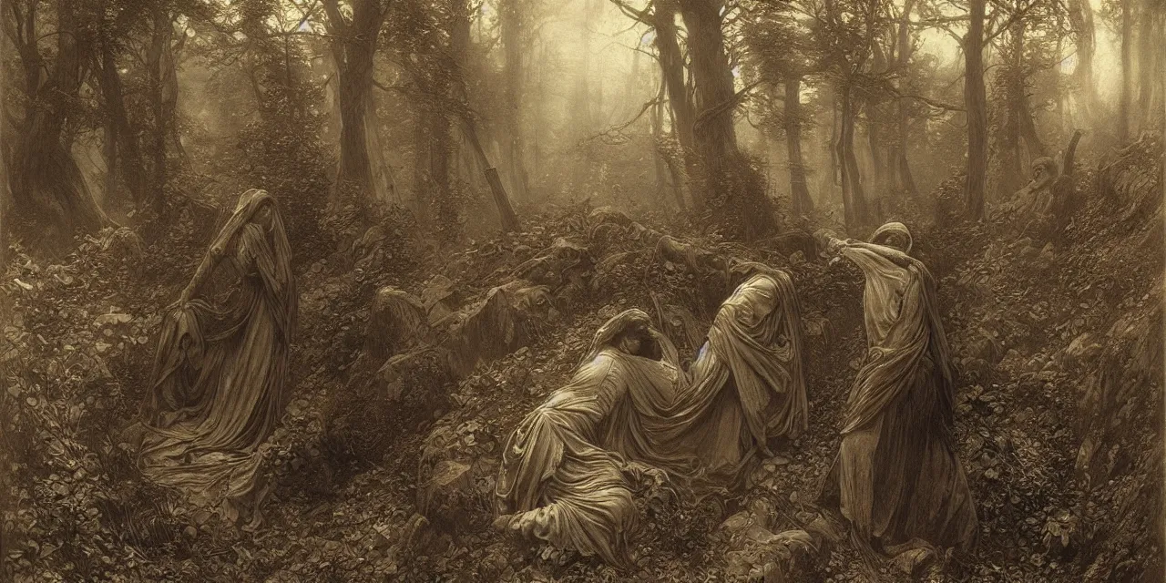 Image similar to the vanishing of ethan carter by gustave dore, james ryman, alphonse mucha. deep rich color