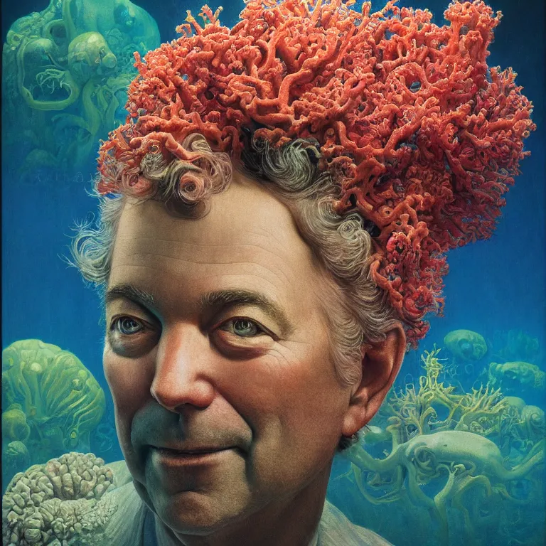 Image similar to Hyperrealistic intensely colored close up studio Photograph portrait of deep sea bioluminescent Senator Rand Paul, symmetrical face realistic proportions eye contact tentacles, Smiling in a coral reef underwater, award-winning portrait oil painting by Norman Rockwell and Zdzisław Beksiński vivid colors high contrast hyperrealism 8k