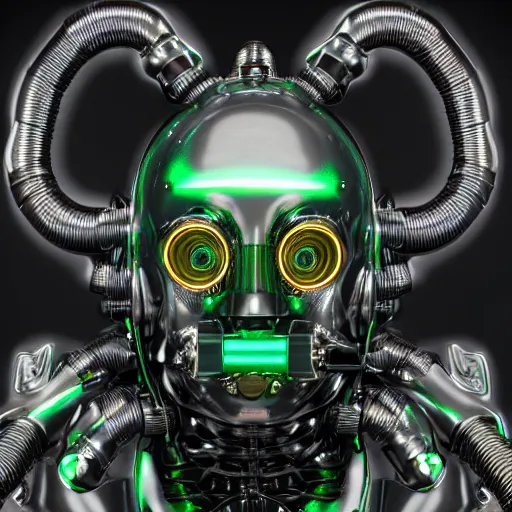 Prompt: portrait photo of a silver and green glossy metallic futuristic steampunk robot head with halluzinogetic glowing gears and tubes and cables, crisp, fluorescent colors, insanely detailed, 3 d render, unreal engine