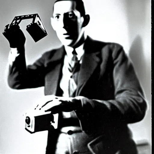 Image similar to h. p. lovecraft playing a video game, vintage photograph, xbox controller, angry