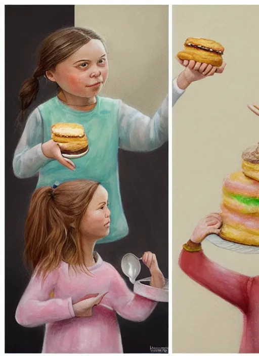 Image similar to greta thunberg eating cakes painted by nicoletta ceccoli, detailed digital art, trending on Artstation