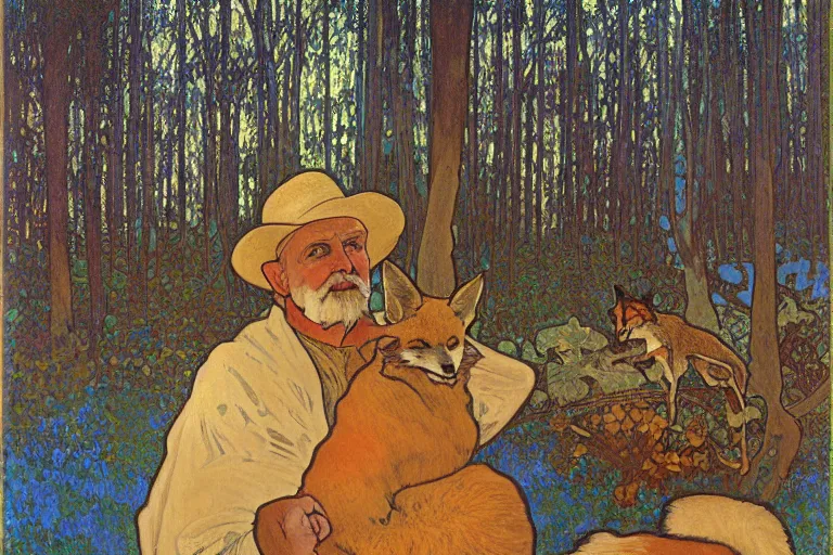 Prompt: landscape art nouveau painting of an old man dressed as a farmer and his fox in the forest, by alphonse mucha and gustav klimt and antoni gaudi, masterpiece,, warm shades of blue, silver, orange, gold, and pink, oil painting, high resolution, very detailed, oil on canvas, trending on artstation