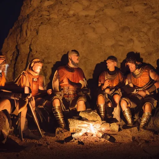 Image similar to a group of ancient roman soldiers sitting around a campfire in the desert at night, 8k, cinematic, dslr,