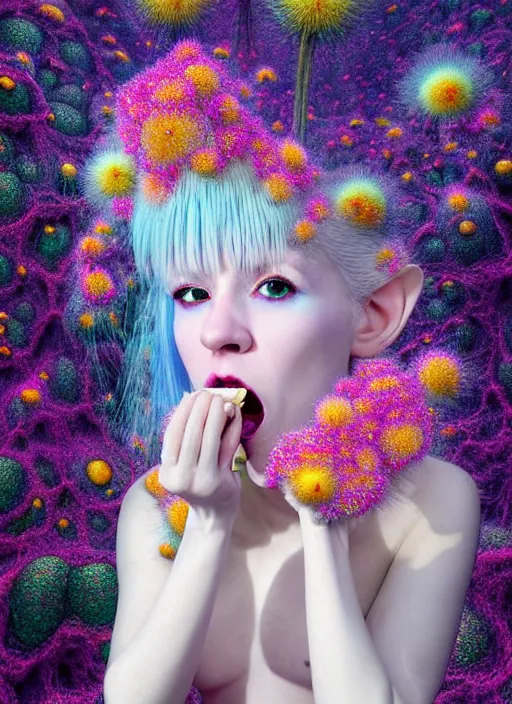 Image similar to hyper detailed 3d render like a Oil painting - kawaii portrait Aurora (white haired Singer Ferret) seen Eating of the Strangling network of yellowcake aerochrome and milky Fruit and Her delicate Hands hold of gossamer polyp blossoms bring iridescent fungal flowers whose spores black the foolish stars by Jacek Yerka, Mariusz Lewandowski, Houdini algorithmic generative render, Abstract brush strokes, Masterpiece, Edward Hopper and James Gilleard, Zdzislaw Beksinski, Mark Ryden, Wolfgang Lettl, hints of Yayoi Kasuma, octane render, 8k